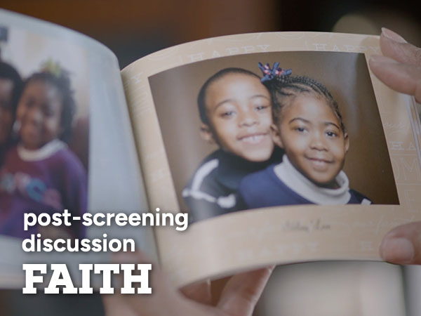 Howard Moore's children photo in a photo album and word overlay "post screening discussion FAITH"